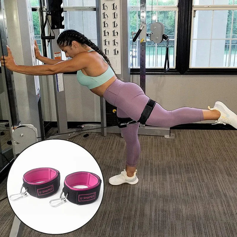 Pair of fitness ankle straps with thick neoprene padding and metal calabash hook, Black and Rose Red