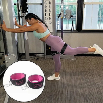 Pair of fitness ankle straps with thick neoprene padding and metal calabash hook, Black and Rose Red