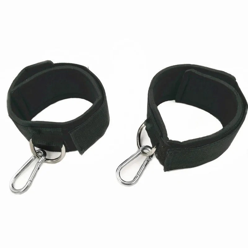 Pair of fitness ankle straps with thick neoprene padding and metal calabash hook, Black and Rose Red