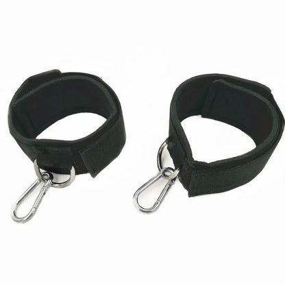 Pair of fitness ankle straps with thick neoprene padding and metal calabash hook, Black and Rose Red