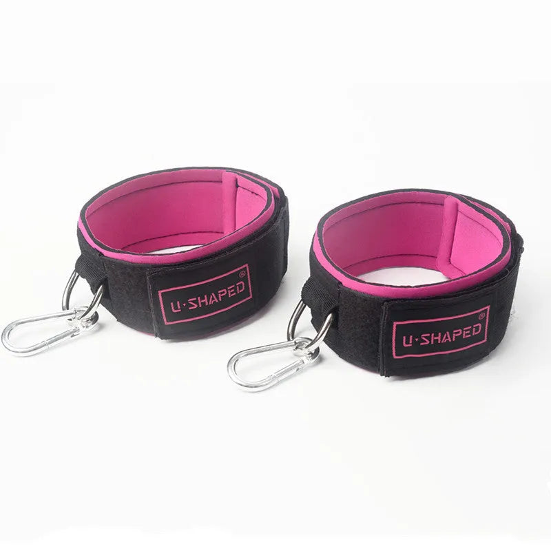 Pair of fitness ankle straps with thick neoprene padding and metal calabash hook, Black and Rose Red