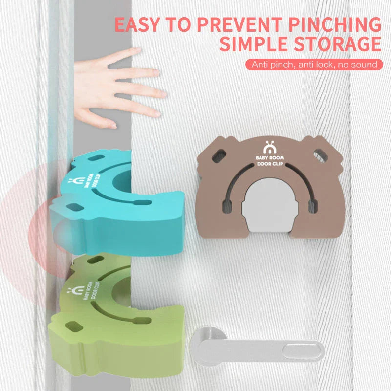 A colorful cartoon-style door stopper designed to keep babies and young children safe from pinched fingers and accidental door closures.