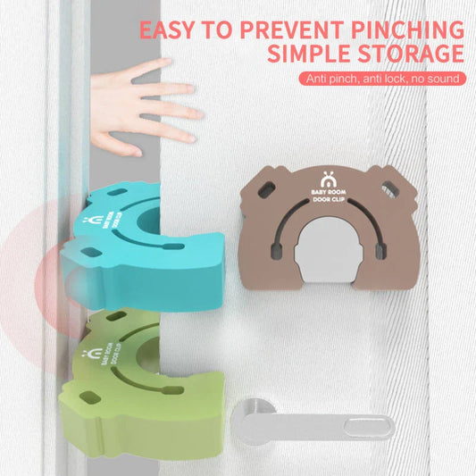 A colorful cartoon-style door stopper designed to keep babies and young children safe from pinched fingers and accidental door closures.