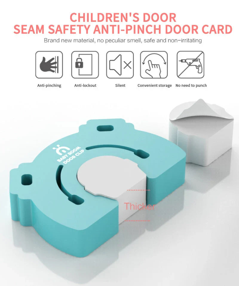 A colorful cartoon-style door stopper designed to keep babies and young children safe from pinched fingers and accidental door closures.