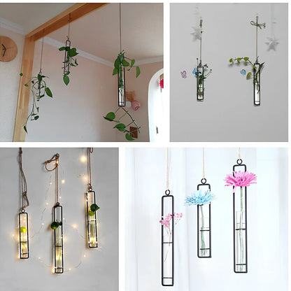 Grey wrought iron and glass hydroponic vase with hemp rope hanging three test tubes vertically