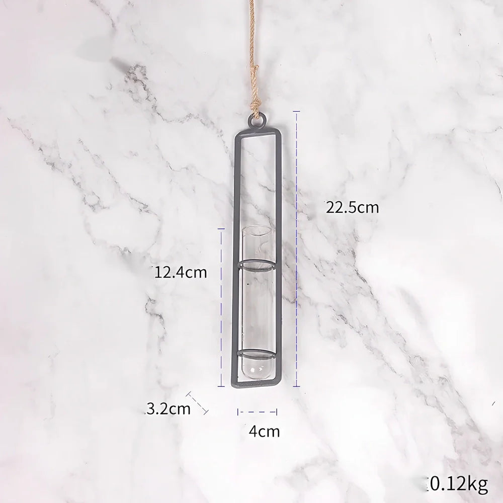 Grey wrought iron and glass hydroponic vase with hemp rope hanging three test tubes vertically