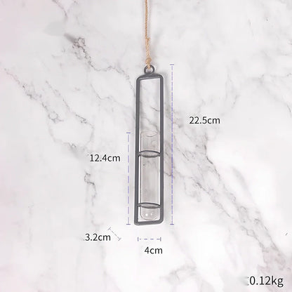 Grey wrought iron and glass hydroponic vase with hemp rope hanging three test tubes vertically