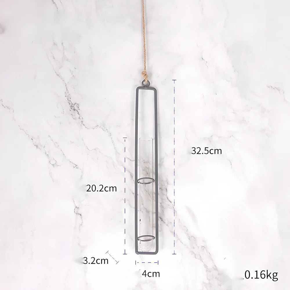 Grey wrought iron and glass hydroponic vase with hemp rope hanging three test tubes vertically