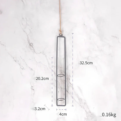 Grey wrought iron and glass hydroponic vase with hemp rope hanging three test tubes vertically