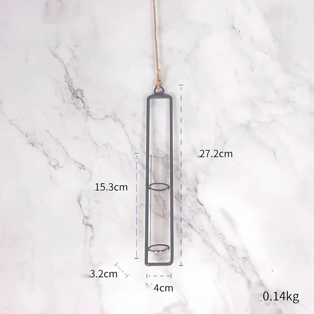 Grey wrought iron and glass hydroponic vase with hemp rope hanging three test tubes vertically