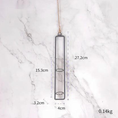 Grey wrought iron and glass hydroponic vase with hemp rope hanging three test tubes vertically