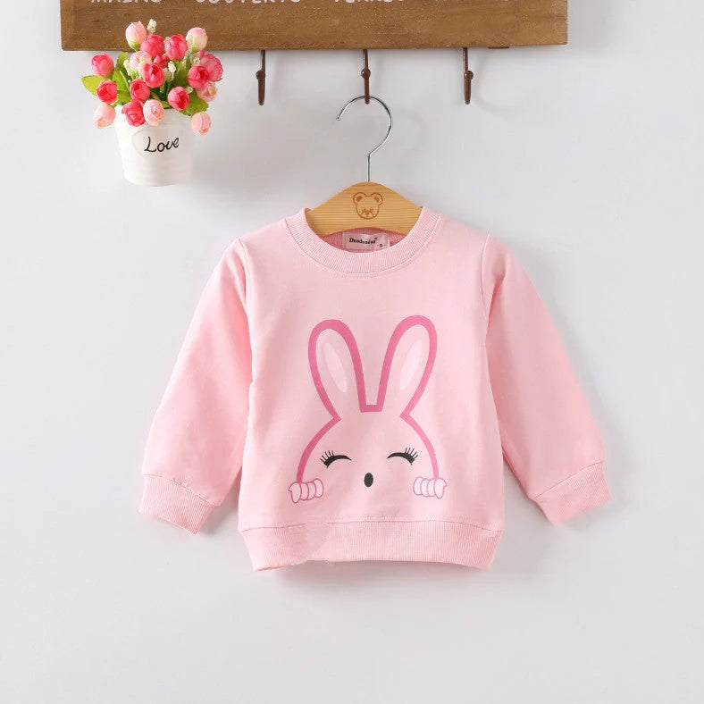 Korean-style baby girl's cotton sweater with cartoon patterns, long sleeves, and pullover design in assorted colours