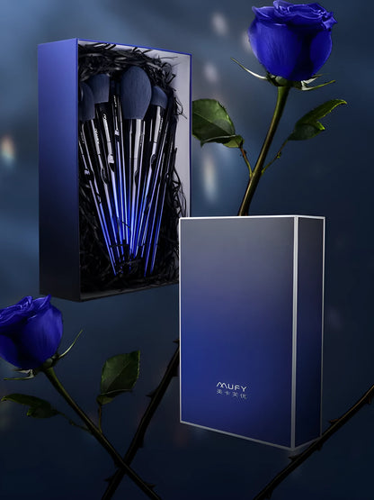 10-piece makeup brush set with man-made fibre bristles, long pole handles, and blue enchantress gift box option