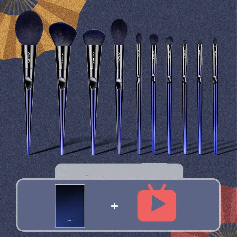 10-piece makeup brush set with man-made fibre bristles, long pole handles, and blue enchantress gift box option