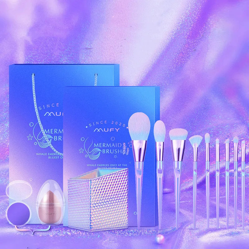 10-piece makeup brush set with man-made fibre bristles, long pole handles, and blue enchantress gift box option