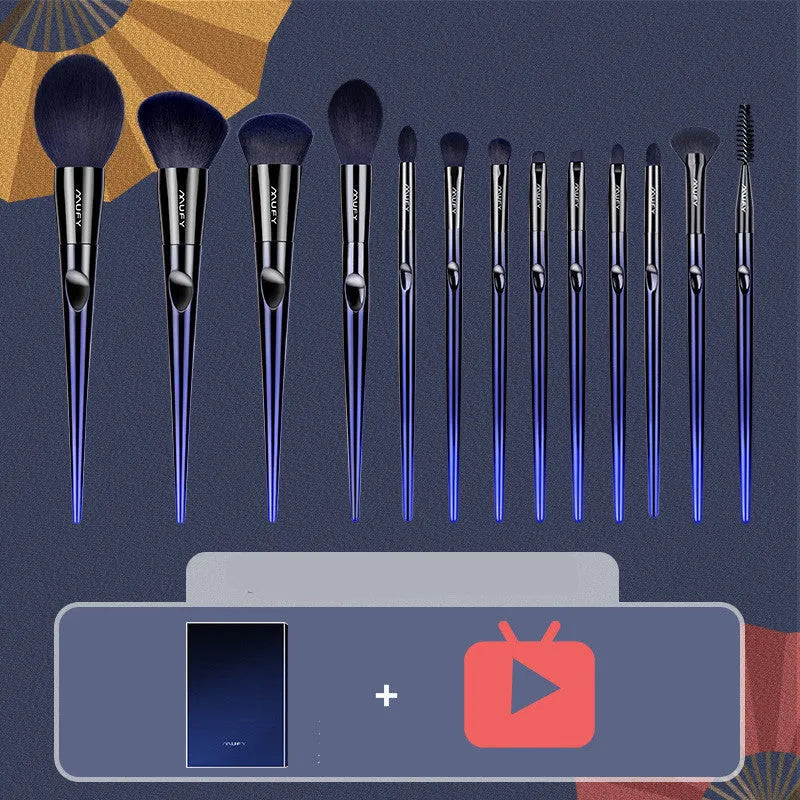 10-piece makeup brush set with man-made fibre bristles, long pole handles, and blue enchantress gift box option