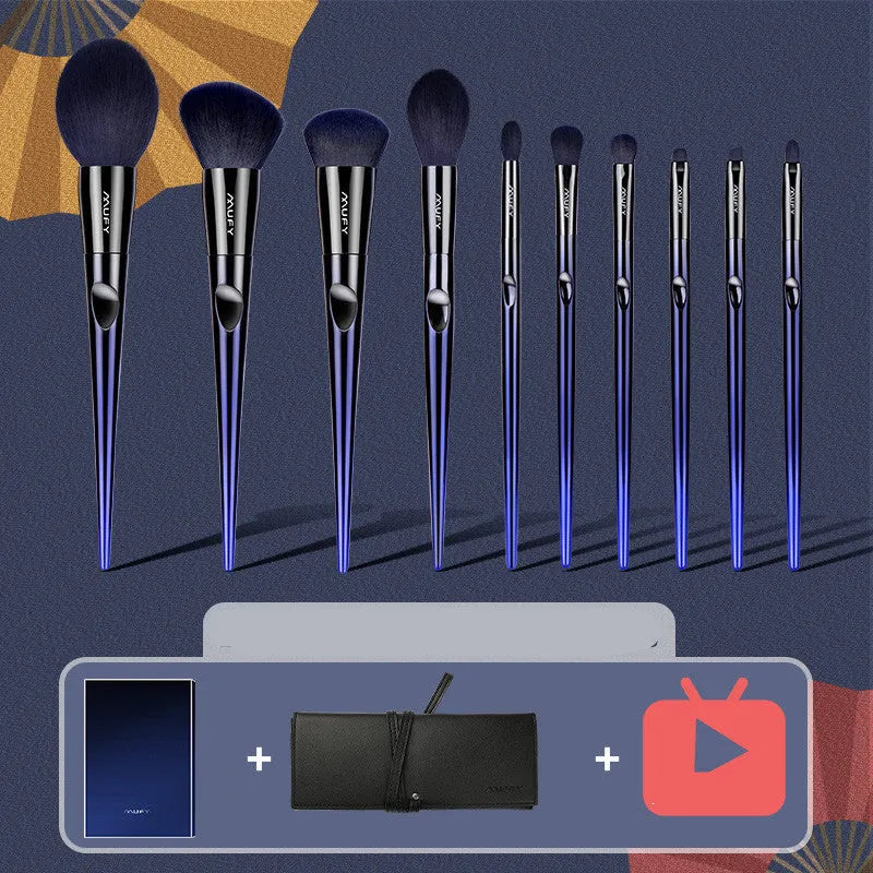 10-piece makeup brush set with man-made fibre bristles, long pole handles, and blue enchantress gift box option