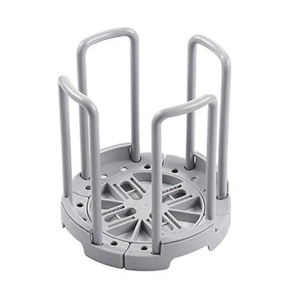 Flexible drain plate storage rack in gray and white for kitchen organization