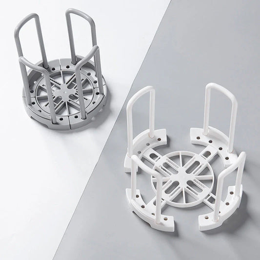 Flexible drain plate storage rack in gray and white for kitchen organization