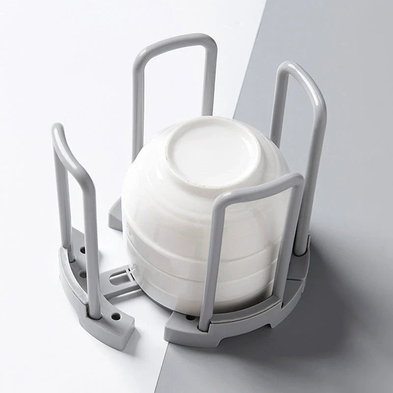 Flexible drain plate storage rack in gray and white for kitchen organization