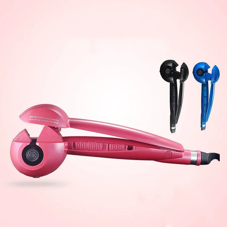 Automatic Curling Iron in pink, black, and blue with 360-degree rotation and fast heat feature