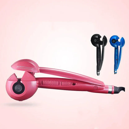 Automatic Curling Iron in pink, black, and blue with 360-degree rotation and fast heat feature