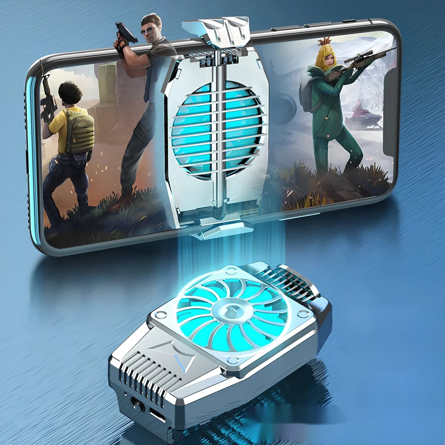 H15 black mobile phone cooling fan with 8cm dimensions attached to smartphone