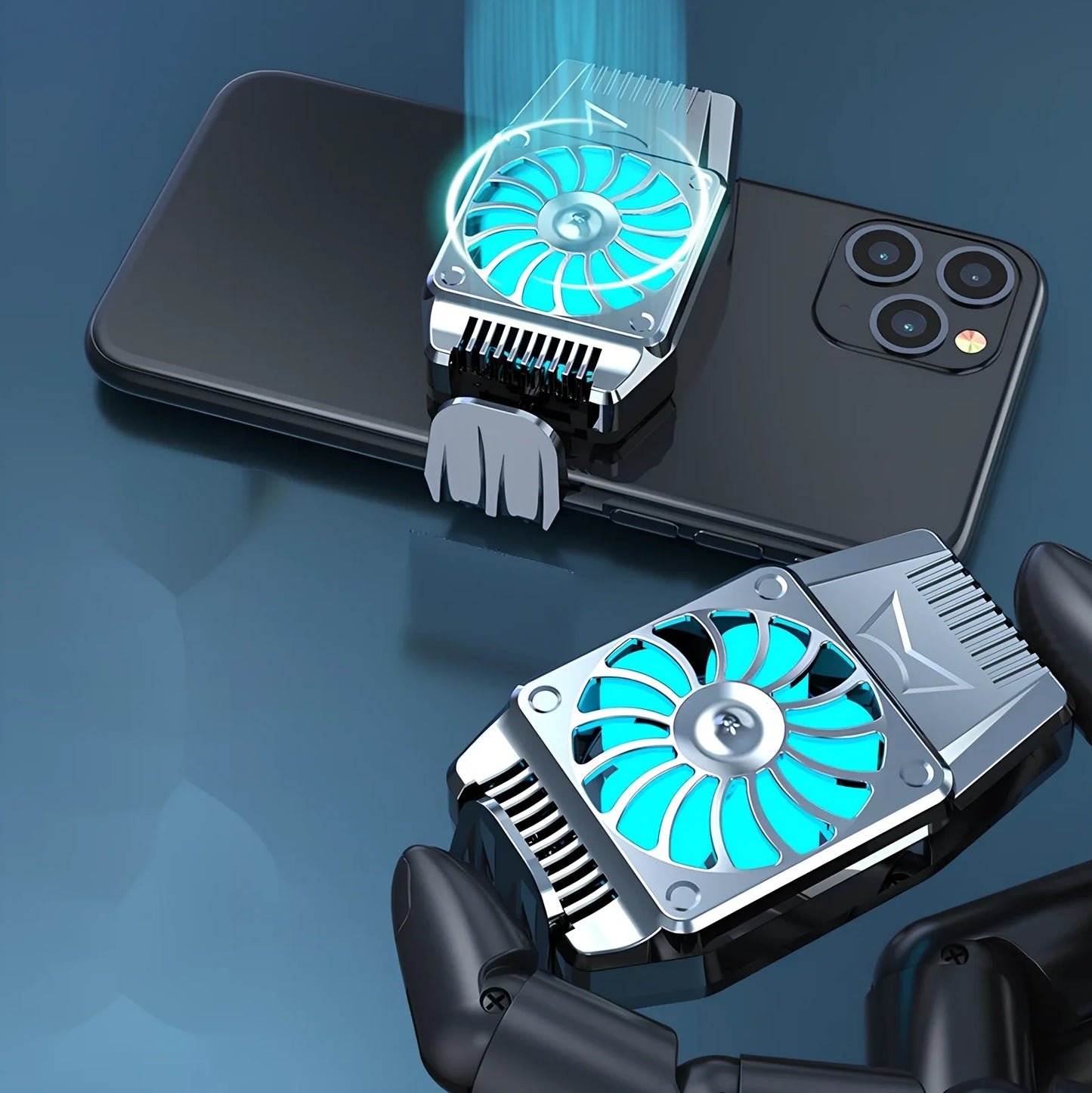 H15 black mobile phone cooling fan with 8cm dimensions attached to smartphone