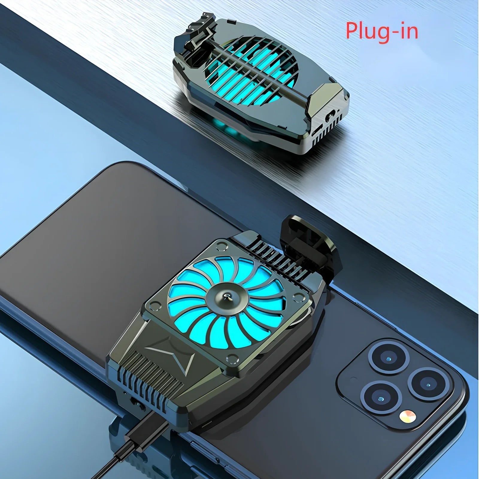 H15 black mobile phone cooling fan with 8cm dimensions attached to smartphone