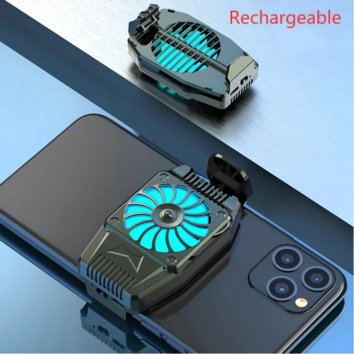 H15 black mobile phone cooling fan with 8cm dimensions attached to smartphone
