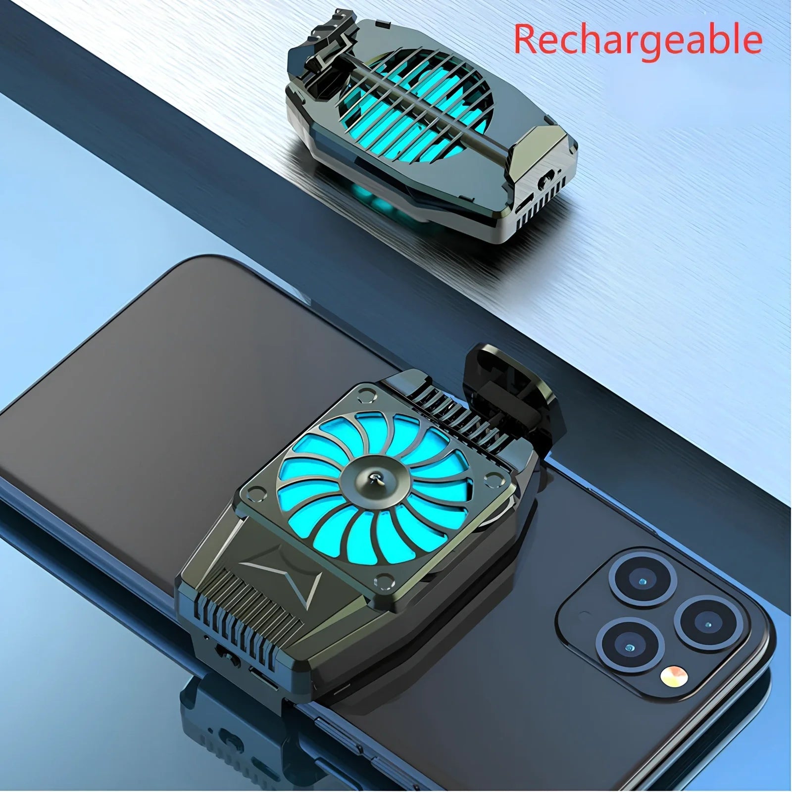 H15 black mobile phone cooling fan with 8cm dimensions attached to smartphone