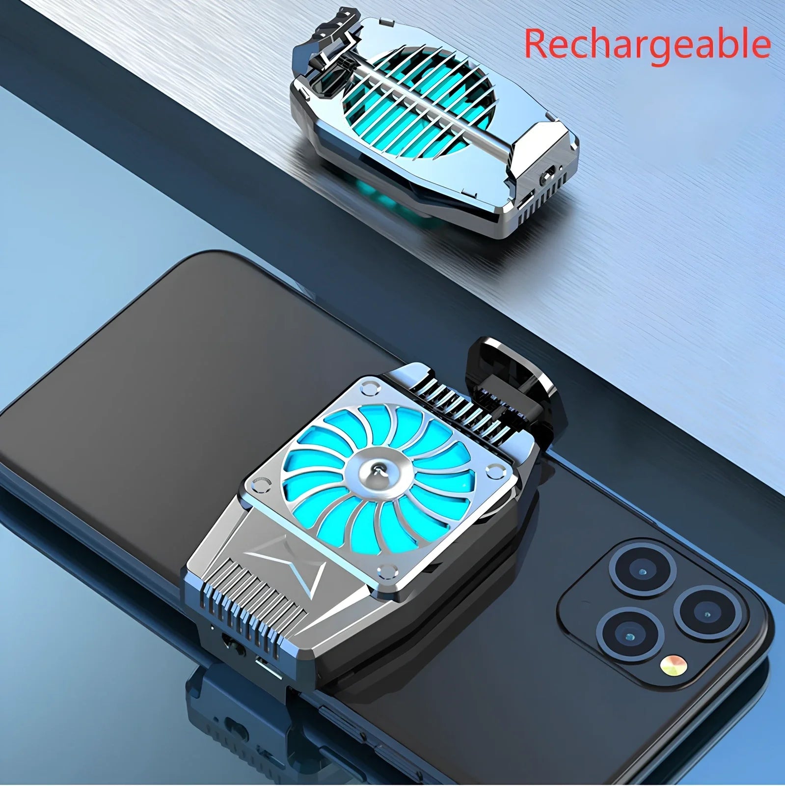H15 black mobile phone cooling fan with 8cm dimensions attached to smartphone