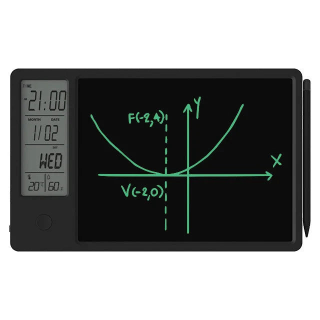Sleek digital calendar with LCD display showing date, time, temperature, and humidity