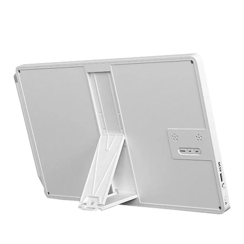 Sleek digital calendar with LCD display showing date, time, temperature, and humidity