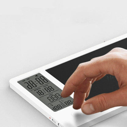 Sleek digital calendar with LCD display showing date, time, temperature, and humidity
