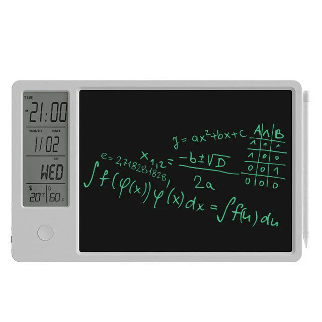 Sleek digital calendar with LCD display showing date, time, temperature, and humidity