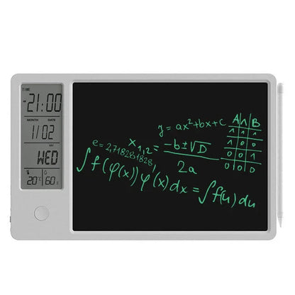 Sleek digital calendar with LCD display showing date, time, temperature, and humidity