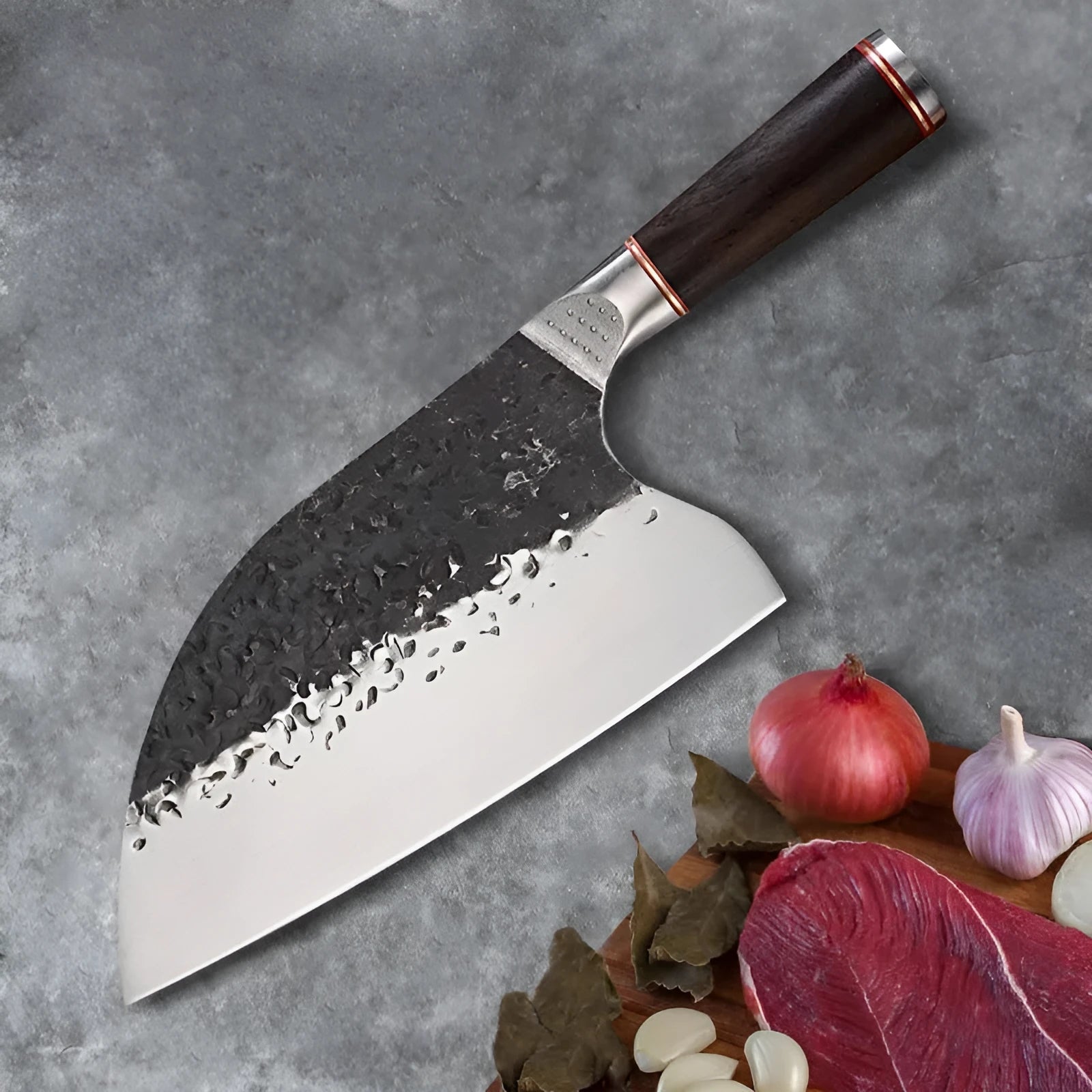 High chromium steel chef's knife with ebony wood handle for cutting meat and bones.