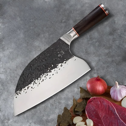High chromium steel chef's knife with ebony wood handle for cutting meat and bones.