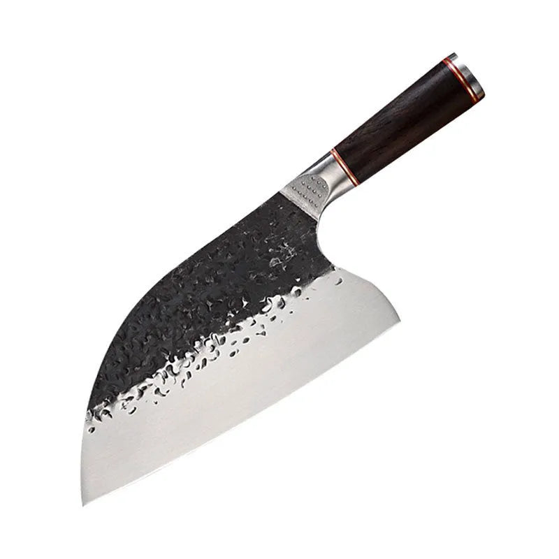 High chromium steel chef's knife with ebony wood handle for cutting meat and bones.