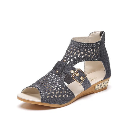 Women's flat sandals with back zipper, wedge heel, and fish mouth toe in beige, black, and gold colours