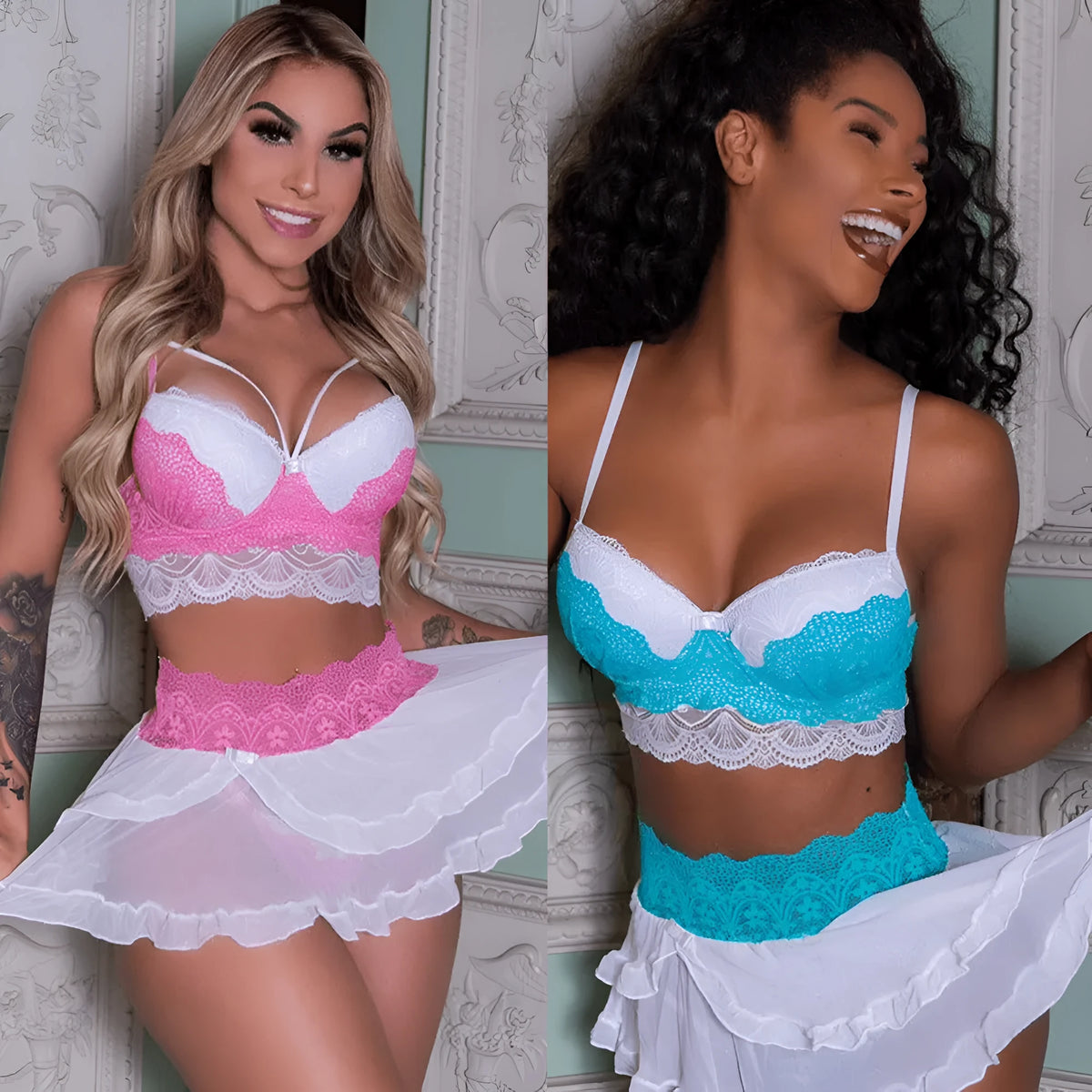 Women's lingerie set with babydoll dress, thong, and lace bra in light blue or pink, sizes S to XL