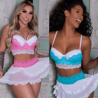 Women's lingerie set with babydoll dress, thong, and lace bra in light blue or pink, sizes S to XL