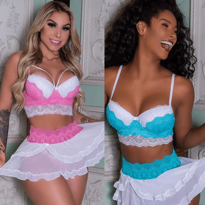 Women's light blue lace babydoll lingerie set with cotton blend fabric and coordinating thong