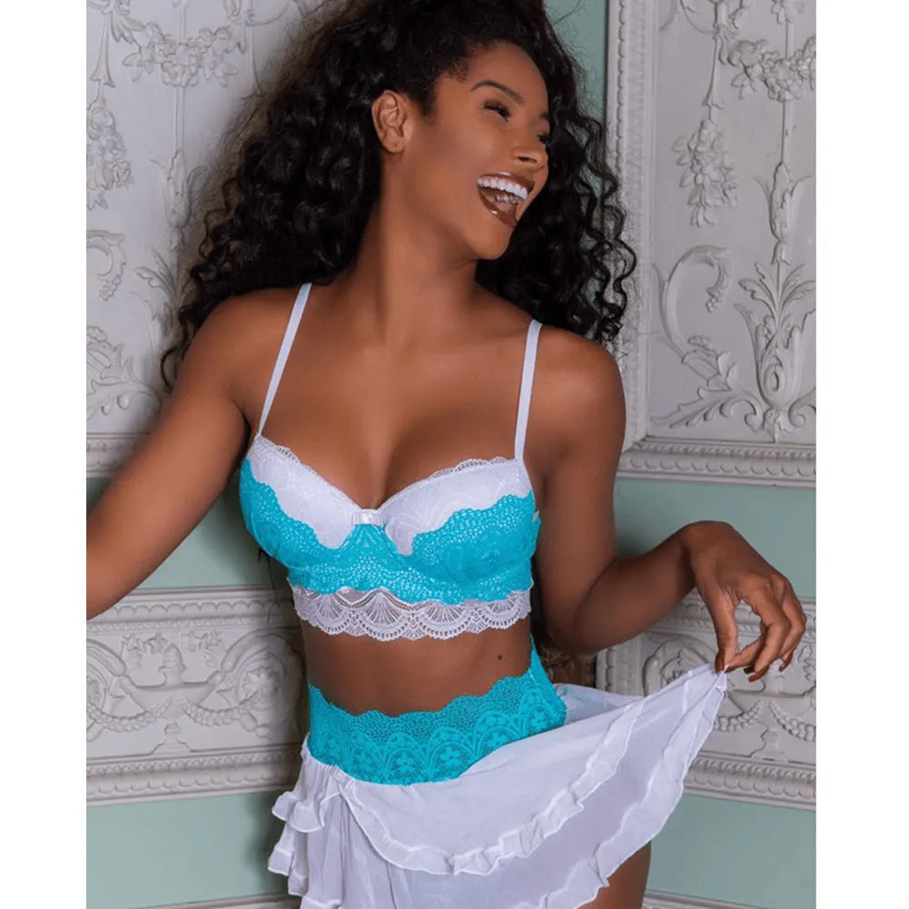 Women's lingerie set with babydoll dress, thong, and lace bra in light blue or pink, sizes S to XL