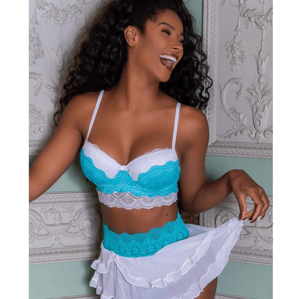 Women's light blue lace babydoll lingerie set with cotton blend fabric and coordinating thong