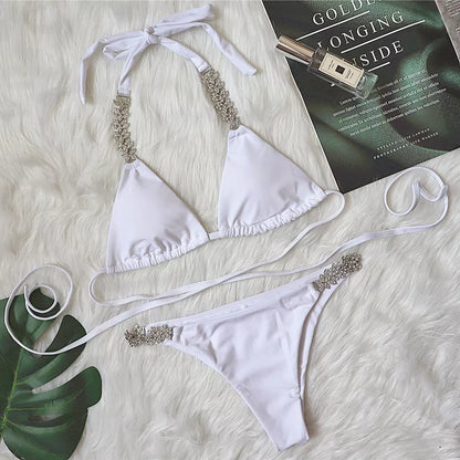 Bandage Cross Bikini with Metal Diamond Details in white and black