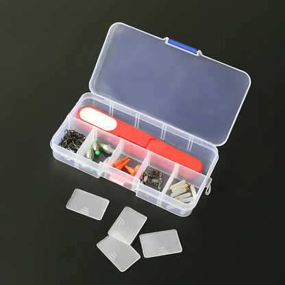 Fishing accessories box with removable plastic compartments for custom tackle storage organisation