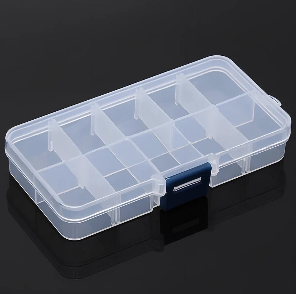 Fishing accessories box with removable plastic compartments for custom tackle storage organisation