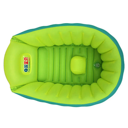 Inflatable baby bath tub with flower-shaped design, available in blue and orange colors